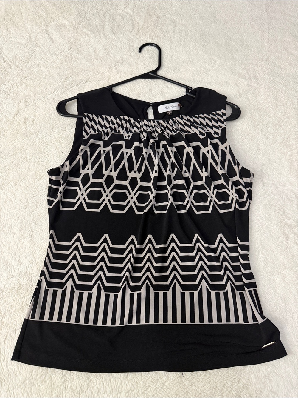 Calvin Klein Black and Cream Geometric Sleeveless Blouse
